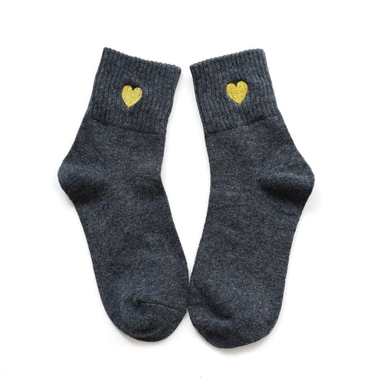 Gold Thread Heart Embroidered Cotton Socks