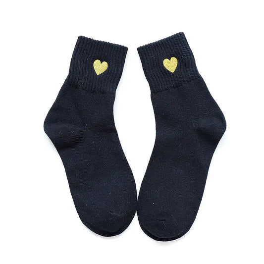 Gold Thread Heart Embroidered Cotton Socks