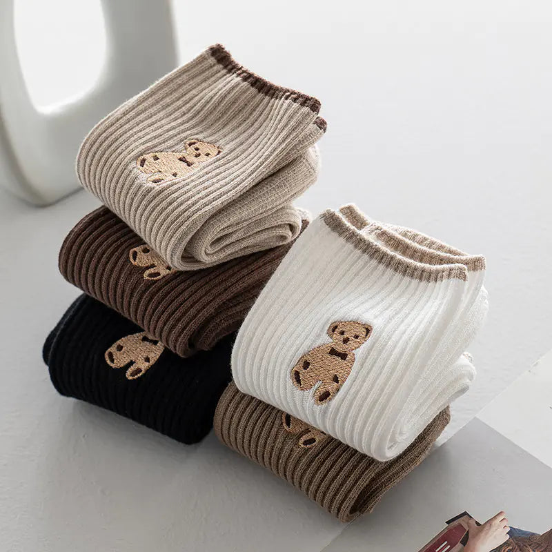 Long Tube Bear Embroidered Cotton Socks