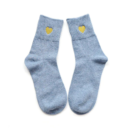 Gold Thread Heart Embroidered Cotton Socks