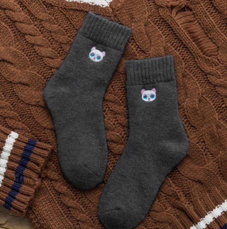 Cat Embroidered Thick Wool Crew Socks