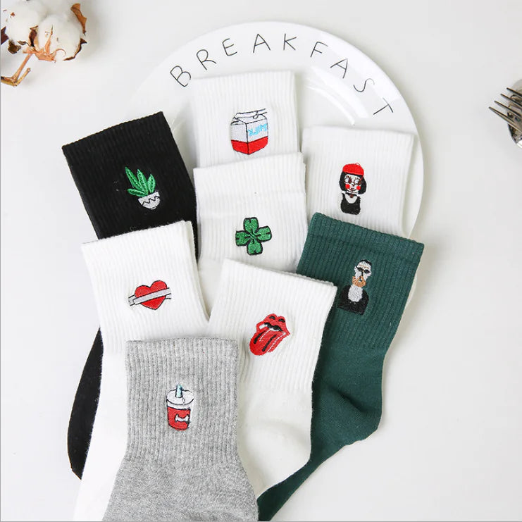 Creative Couple Socks with Cartoon Embroidery (Cotton)