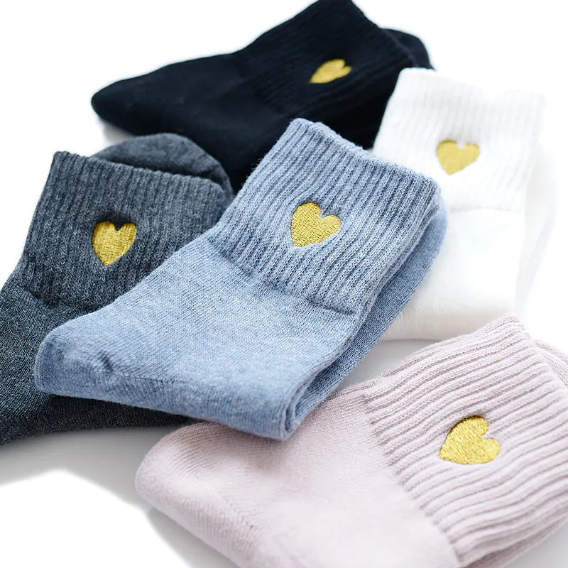 Gold Thread Heart Embroidered Cotton Socks