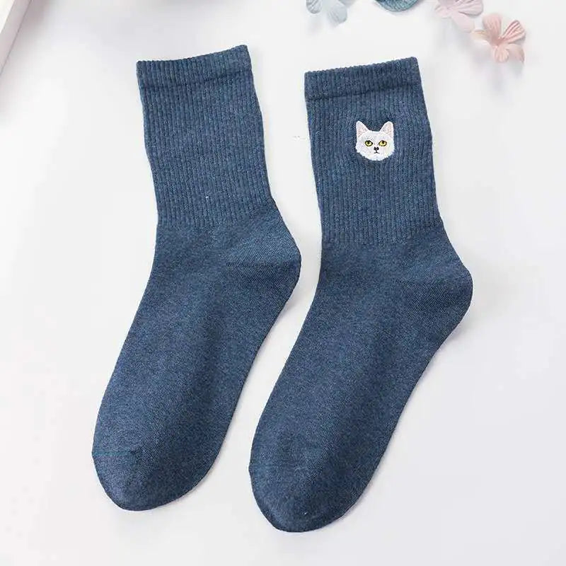 Cat Embroidered Thick Wool Crew Socks