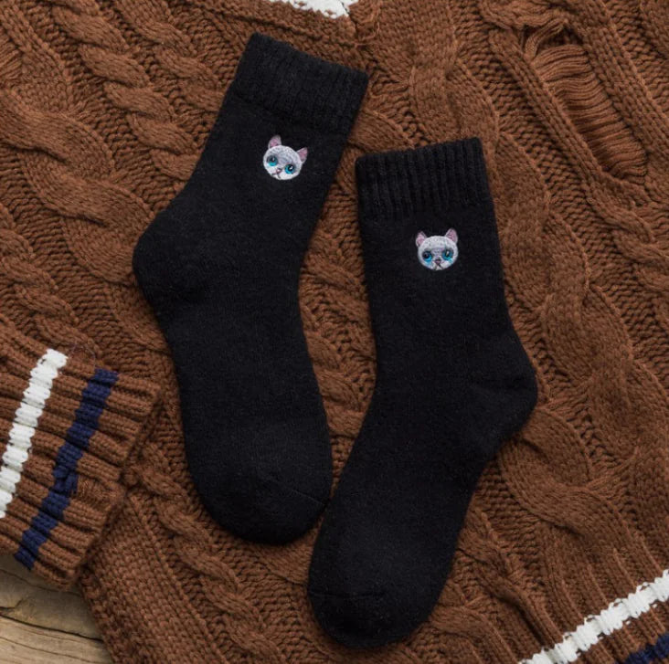Cat Embroidered Thick Wool Crew Socks