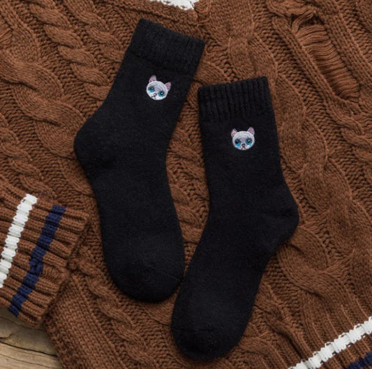 Cat Embroidered Thick Wool Crew Socks