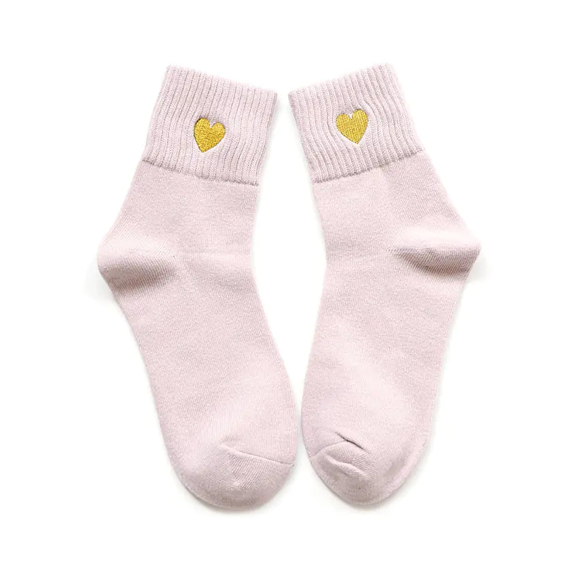 Gold Thread Heart Embroidered Cotton Socks