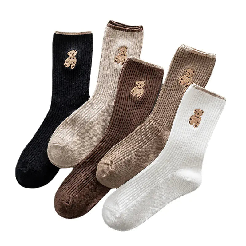 Long Tube Bear Embroidered Cotton Socks