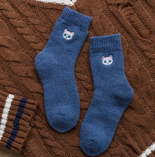 Cat Embroidered Thick Wool Crew Socks