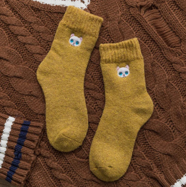 Cat Embroidered Thick Wool Crew Socks