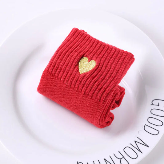 Gold Thread Heart Embroidered Cotton Socks