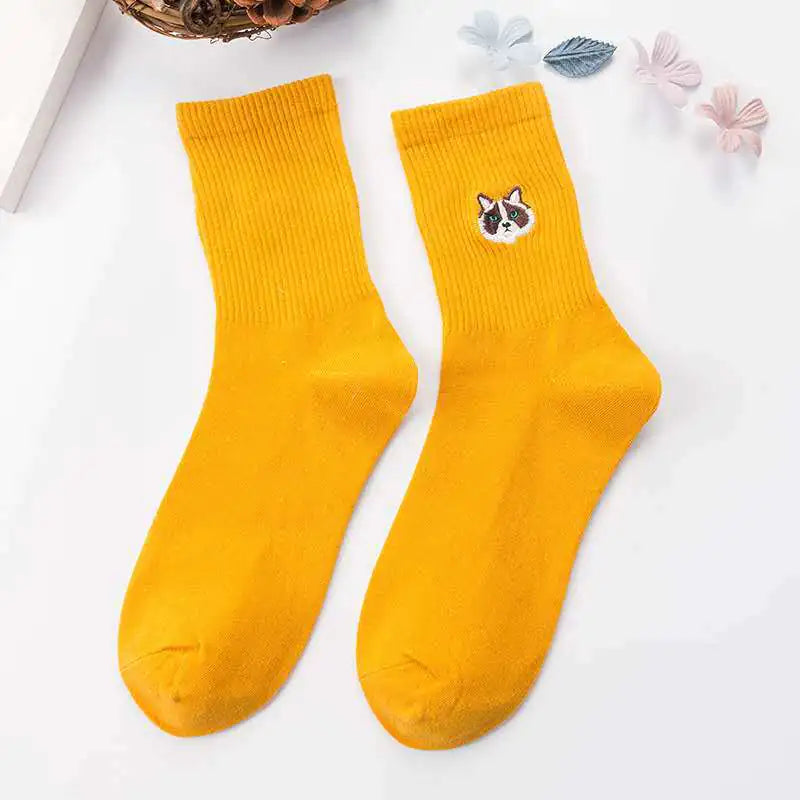 Cat Embroidered Thick Wool Crew Socks