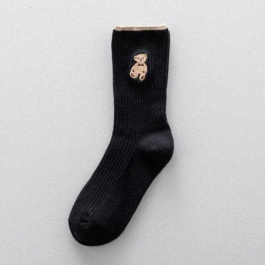 Long Tube Bear Embroidered Cotton Socks