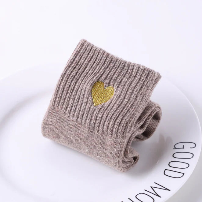 Gold Thread Heart Embroidered Cotton Socks