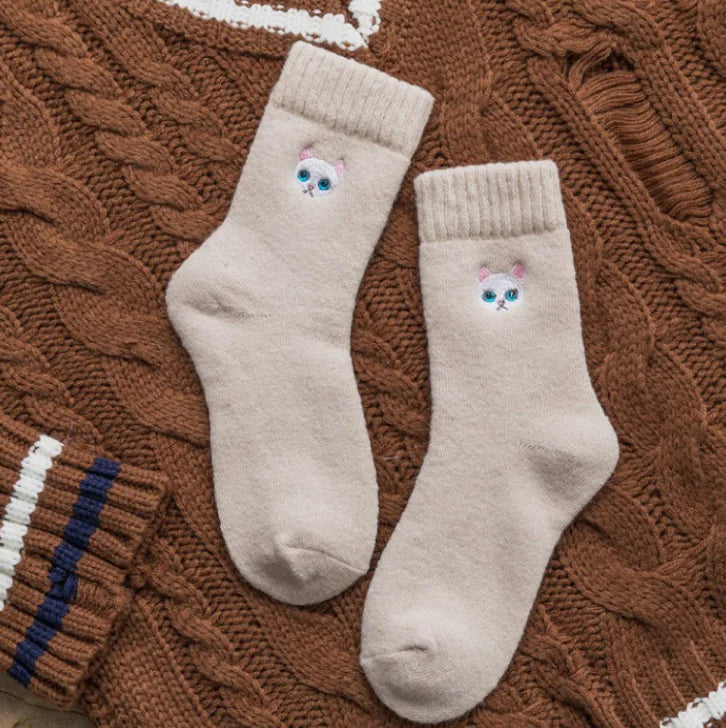 Cat Embroidered Thick Wool Crew Socks
