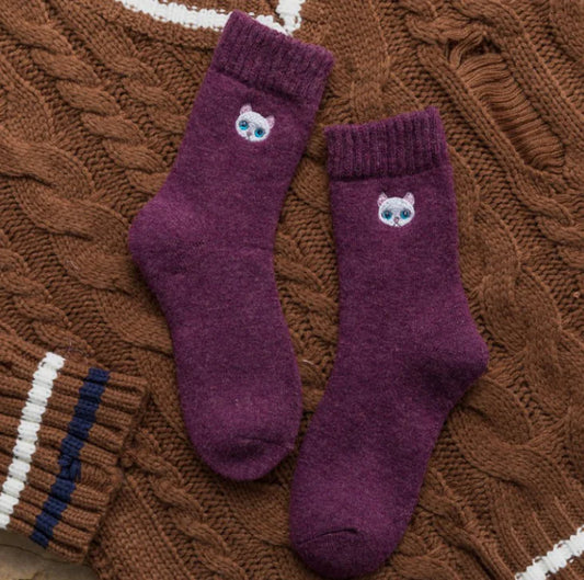 Cat Embroidered Thick Wool Crew Socks