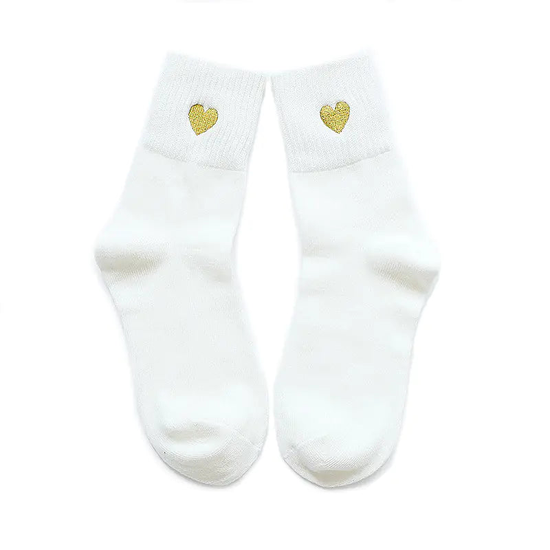 Gold Thread Heart Embroidered Cotton Socks