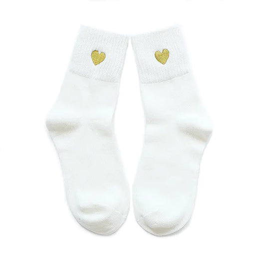 Gold Thread Heart Embroidered Cotton Socks