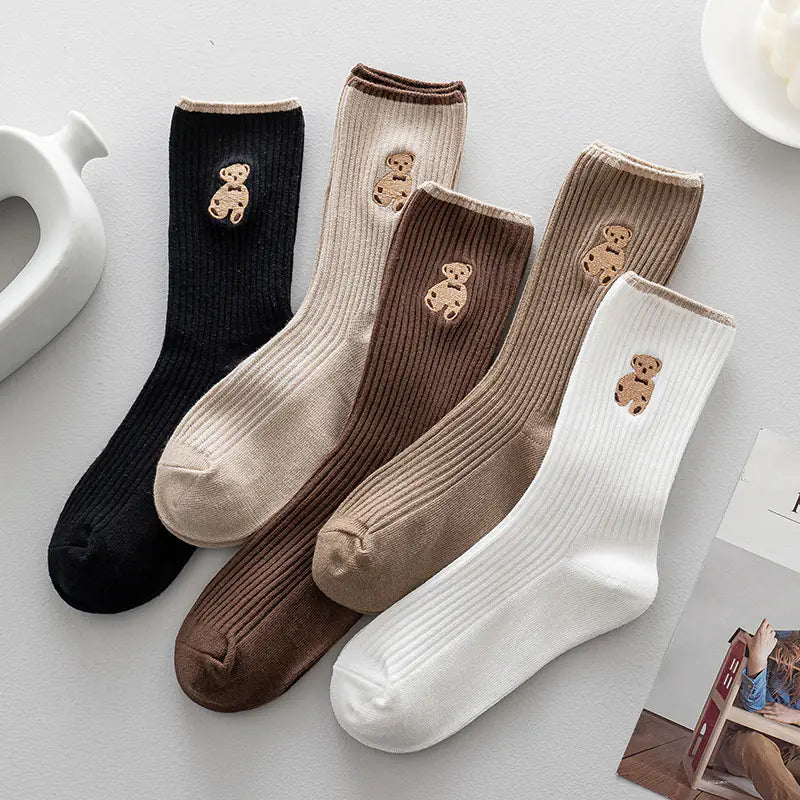 Long Tube Bear Embroidered Cotton Socks