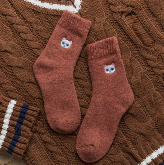 Cat Embroidered Thick Wool Crew Socks