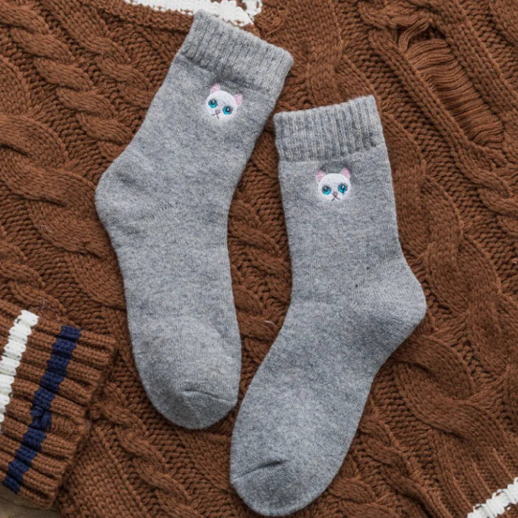 Cat Embroidered Thick Wool Crew Socks