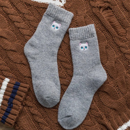 Cat Embroidered Thick Wool Crew Socks